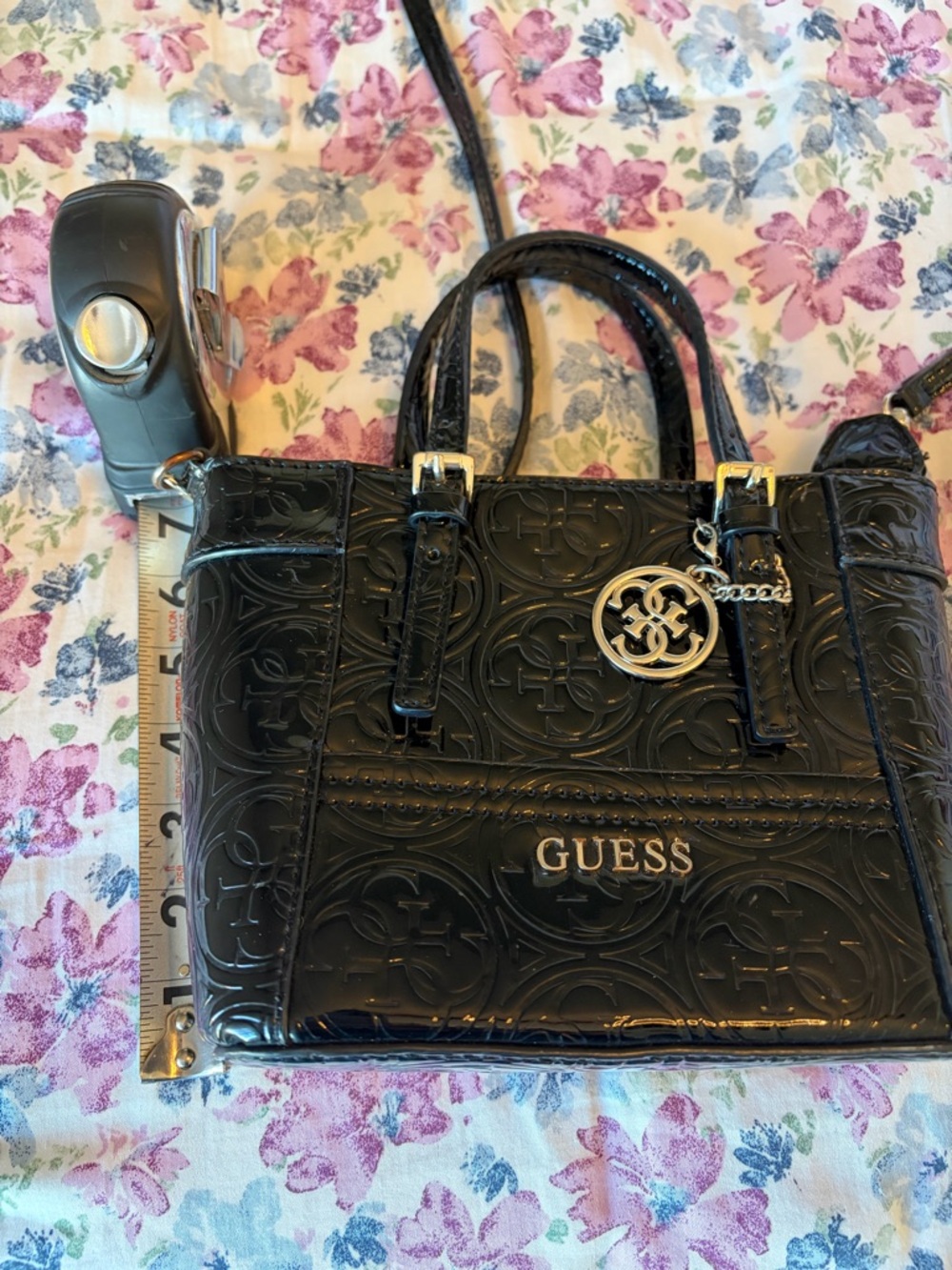 GUESS Black Embossed Patent Leather Satchel with Gold Accents - Picture 8 of 9